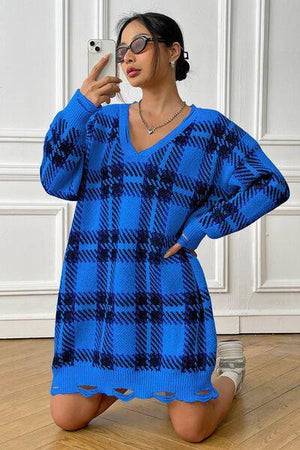 Homey Feels Distressed Plaid Sweater Dress-MXSTUDIO.COM