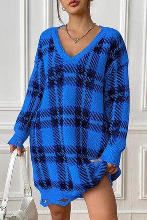 Homey Feels Distressed Plaid Sweater Dress-MXSTUDIO.COM