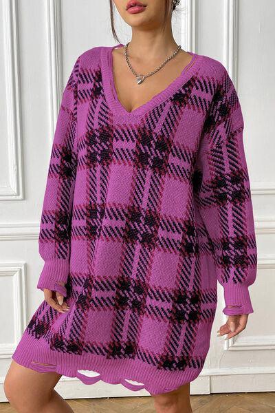 Homey Feels Distressed Plaid Sweater Dress-MXSTUDIO.COM