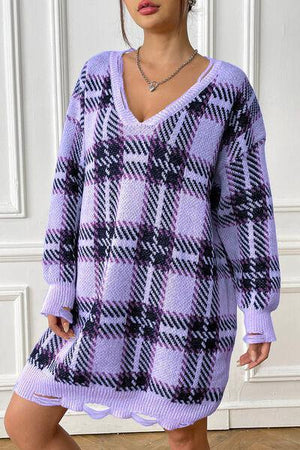 Homey Feels Distressed Plaid Sweater Dress-MXSTUDIO.COM