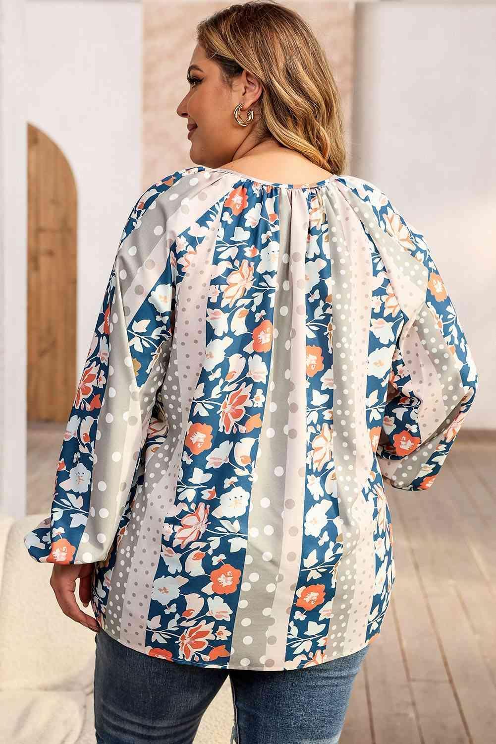 Hopeful Tie Neck Detail Plus Size Floral Blouse - MXSTUDIO.COM