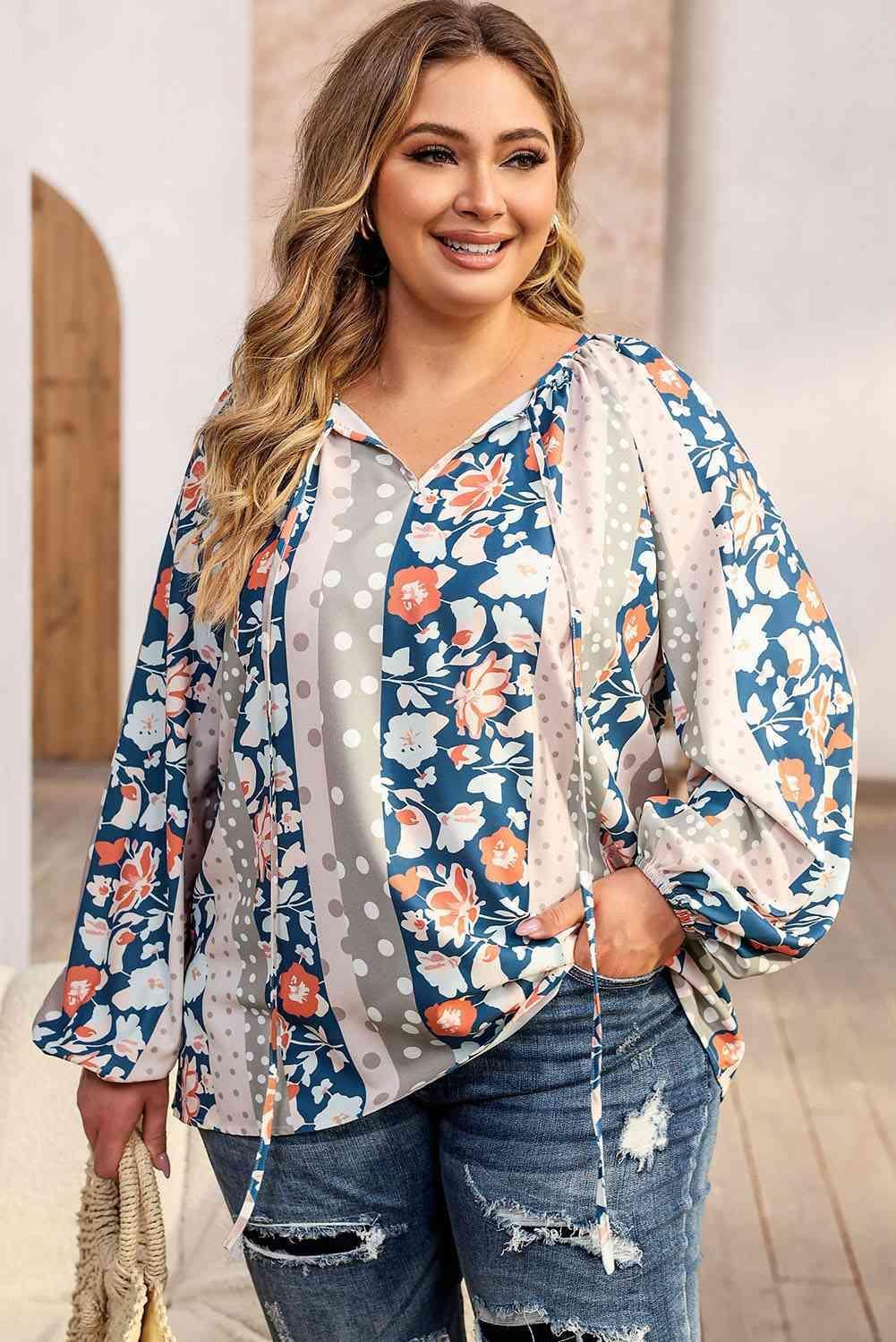 Hopeful Tie Neck Detail Plus Size Floral Blouse - MXSTUDIO.COM