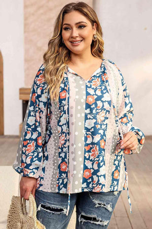 Hopeful Tie Neck Detail Plus Size Floral Blouse - MXSTUDIO.COM