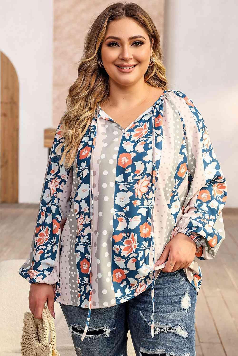 Hopeful Tie Neck Detail Plus Size Floral Blouse - MXSTUDIO.COM