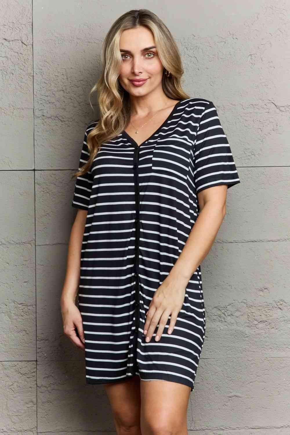 Horizontal Striped Button Down V Neck Sleep Dress - MXSTUDIO.COM