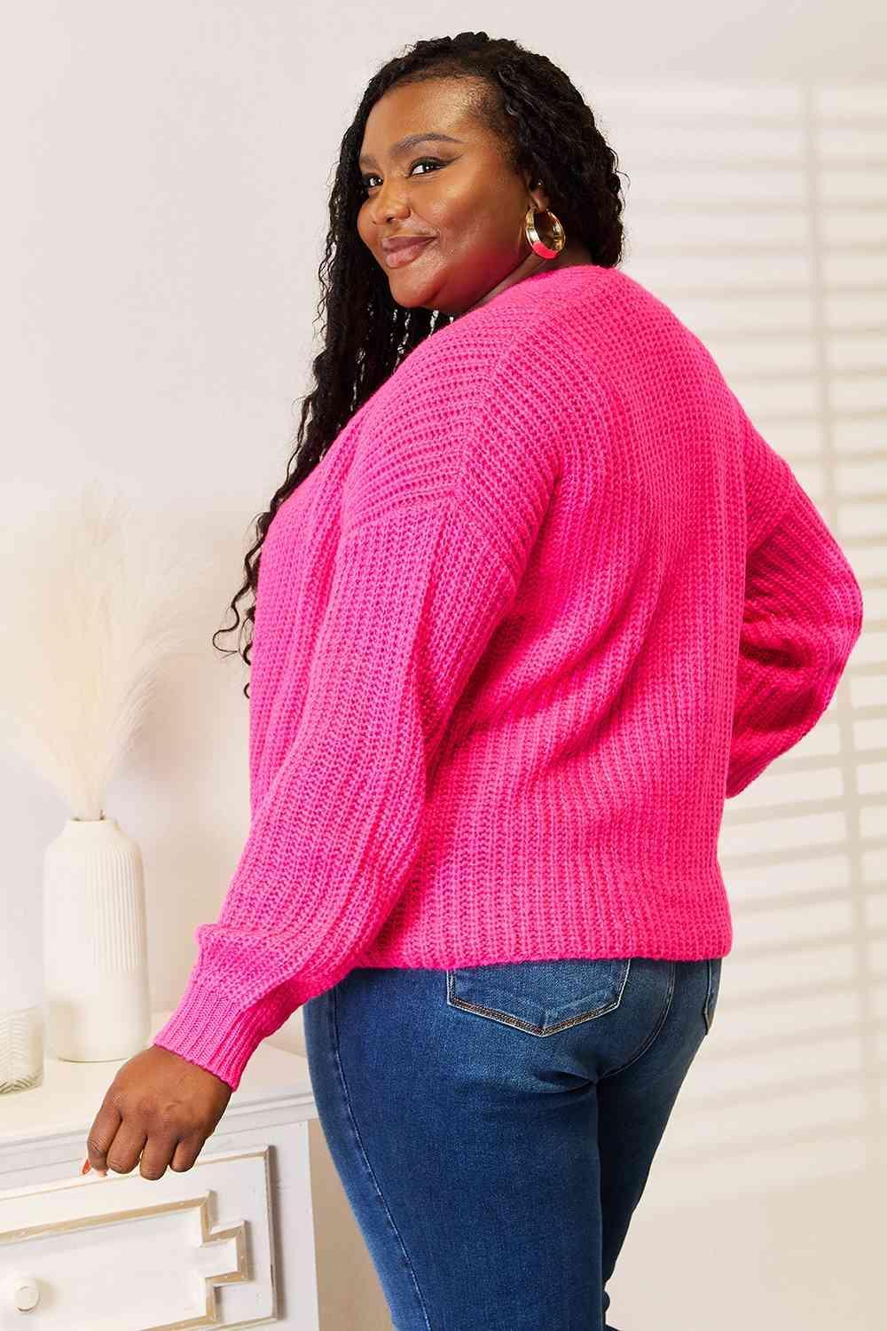 Hot Pink Open Front Ribbed Knit Cardigan-MXSTUDIO.COM