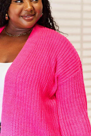 Hot Pink Open Front Ribbed Knit Cardigan-MXSTUDIO.COM