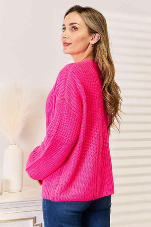 Hot Pink Open Front Ribbed Knit Cardigan-MXSTUDIO.COM