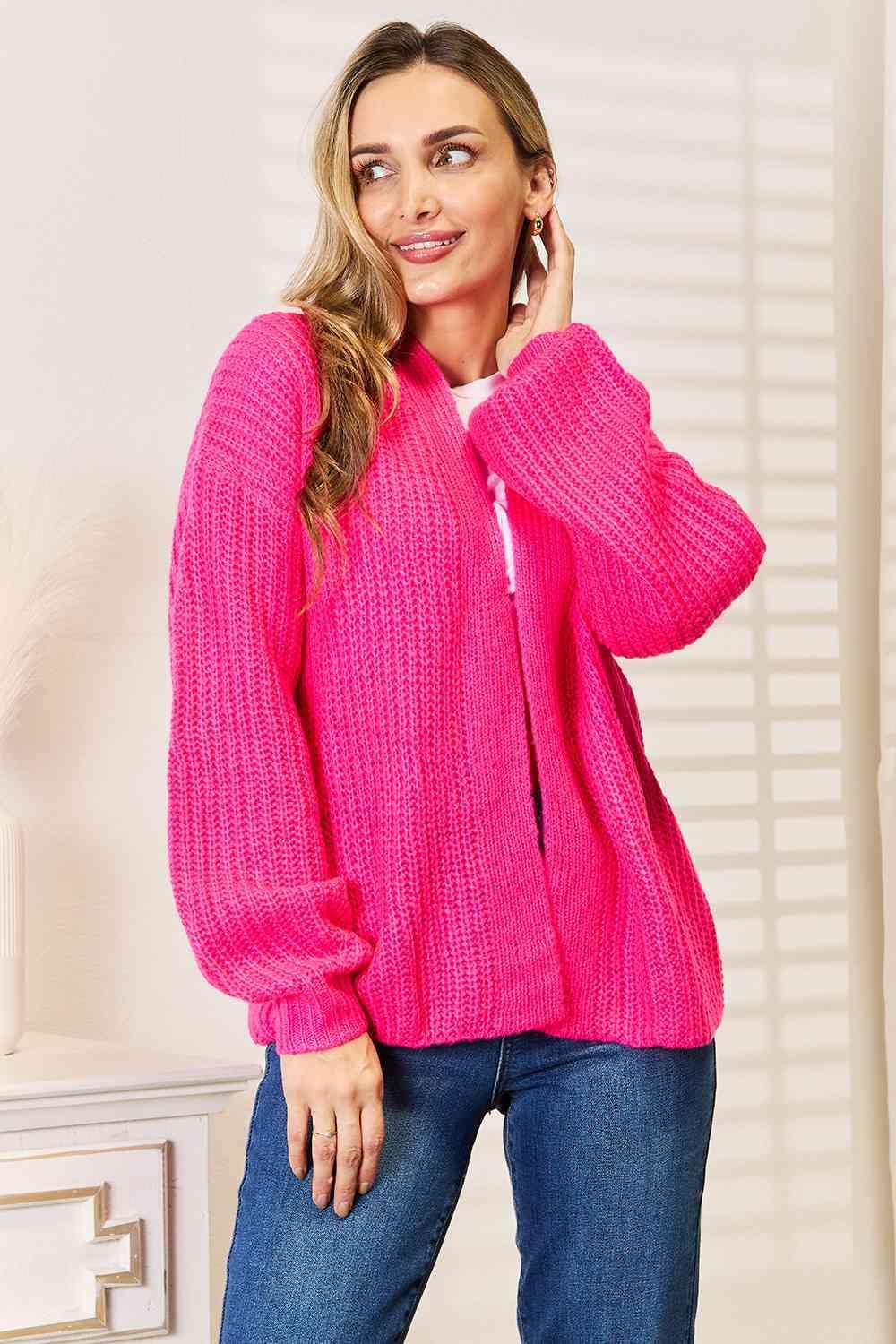 Hot Pink Open Front Ribbed Knit Cardigan-MXSTUDIO.COM