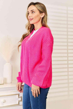 Hot Pink Open Front Ribbed Knit Cardigan-MXSTUDIO.COM