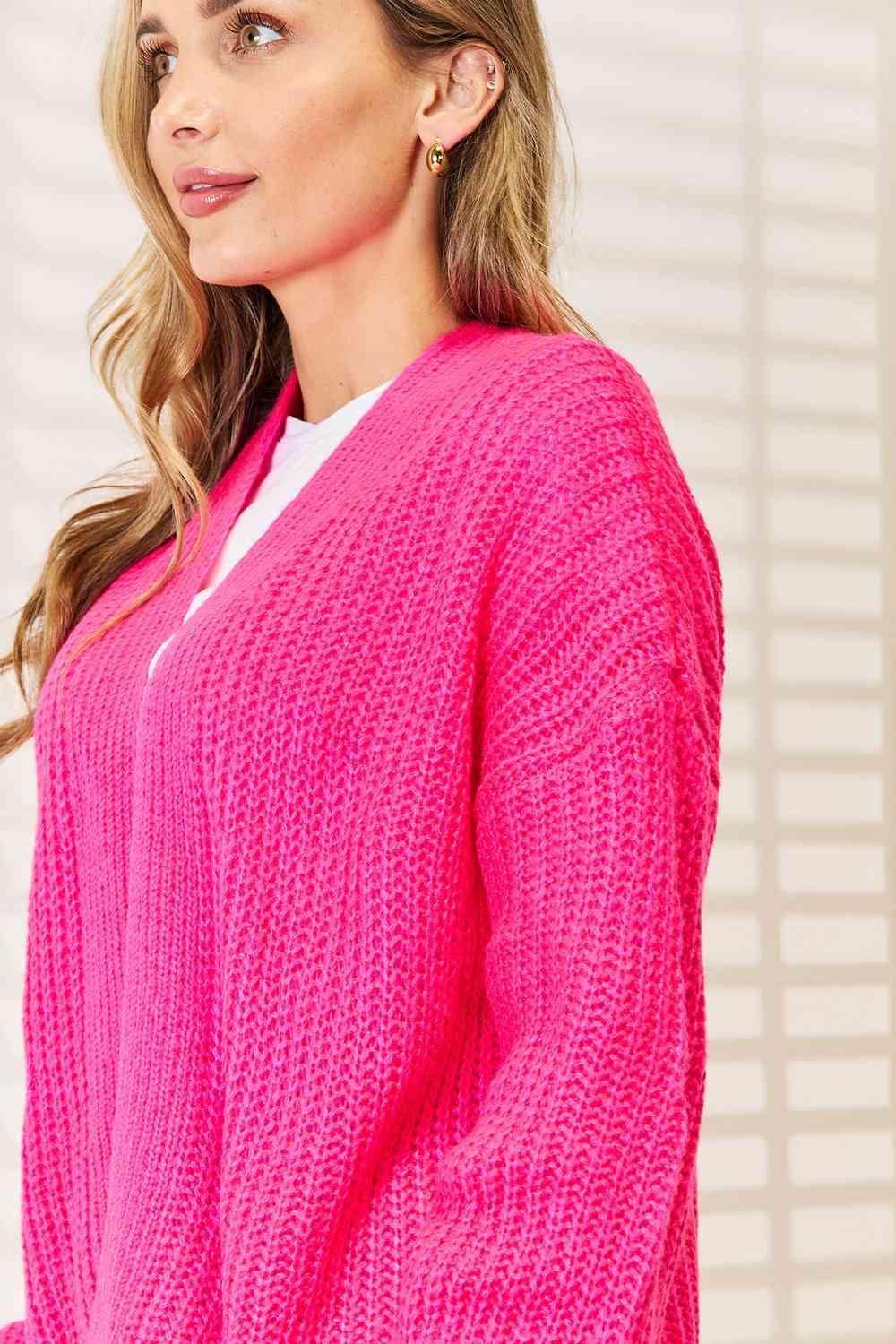 Hot Pink Open Front Ribbed Knit Cardigan-MXSTUDIO.COM