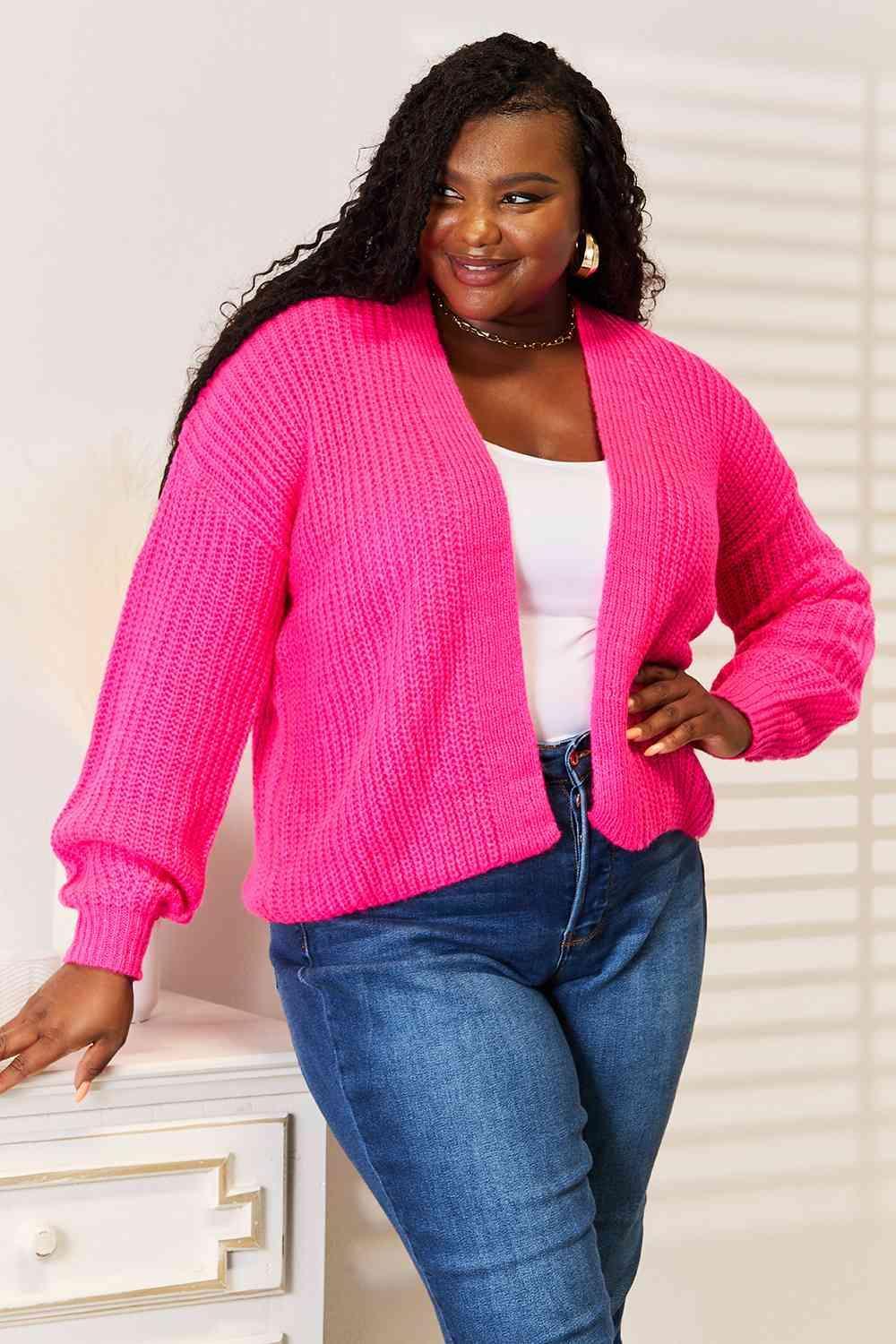 Hot Pink Open Front Ribbed Knit Cardigan-MXSTUDIO.COM