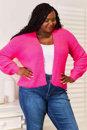 Hot Pink Open Front Ribbed Knit Cardigan-MXSTUDIO.COM