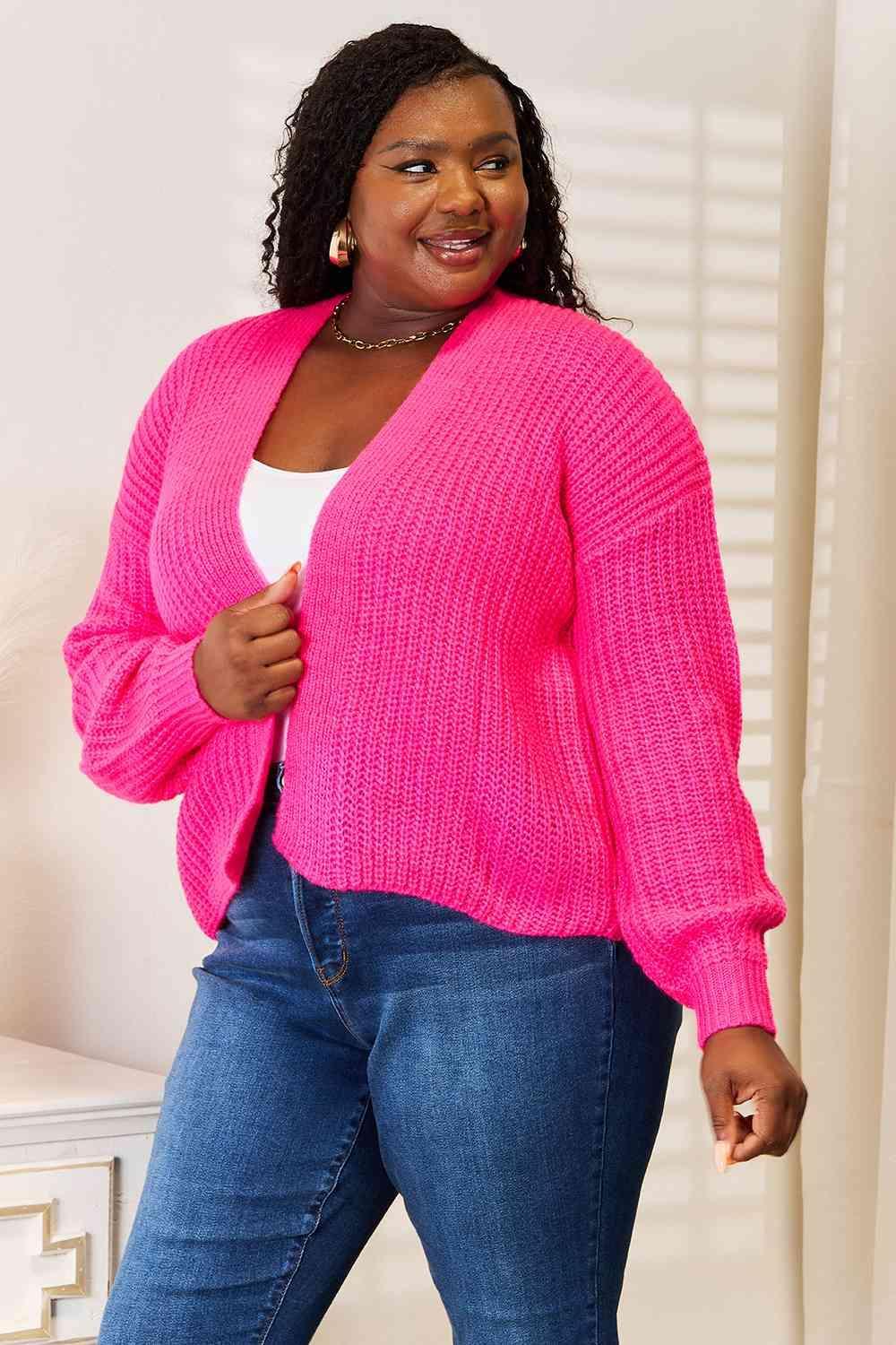 Hot Pink Open Front Ribbed Knit Cardigan-MXSTUDIO.COM