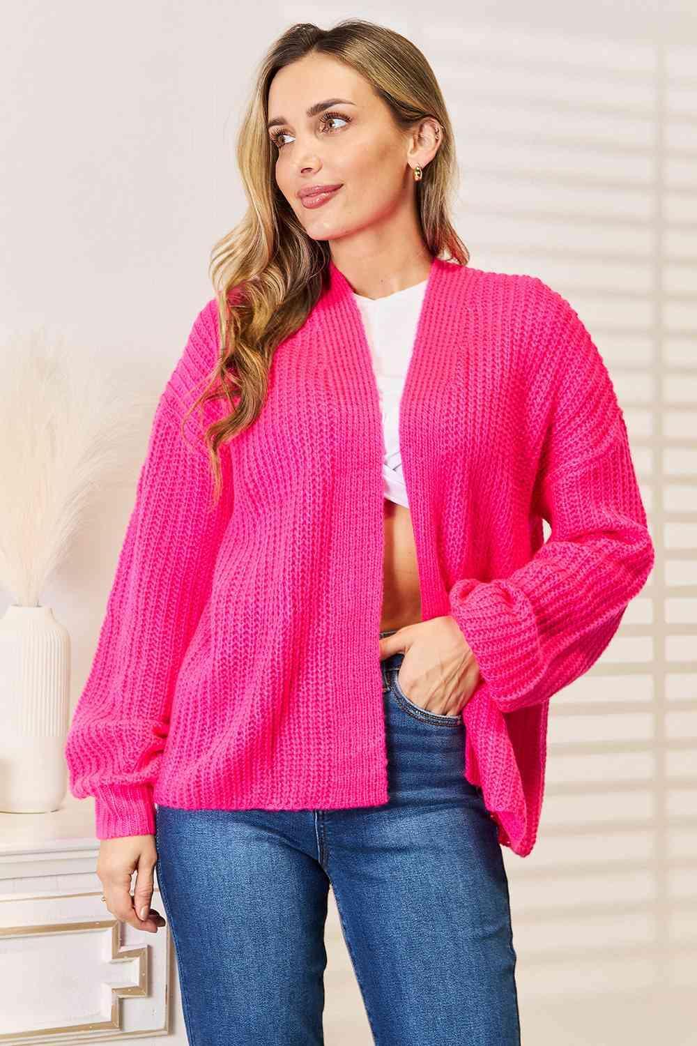 Hot Pink Open Front Ribbed Knit Cardigan-MXSTUDIO.COM