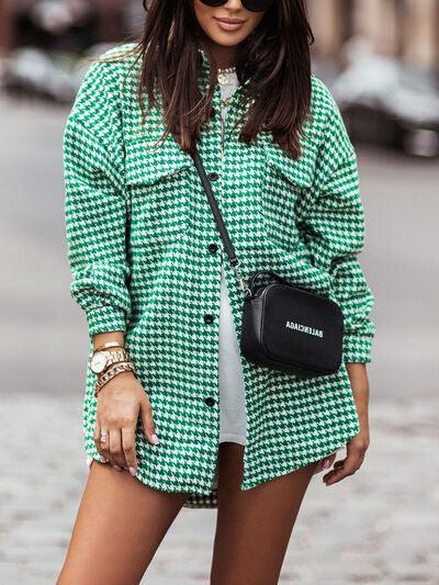 a woman wearing a green and white checkered shirt