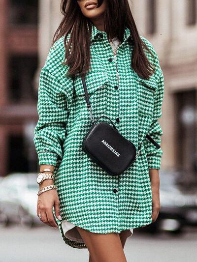 a woman in a green and white shirt dress