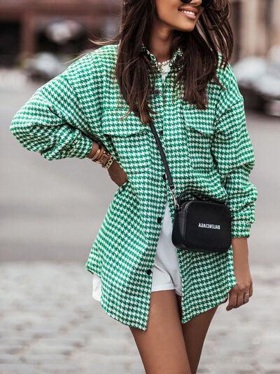 a woman wearing a green and white checkered shirt and white shorts