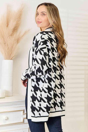 Houndstooth Pattern Longline Open Front Cardigan-MXSTUDIO.COM