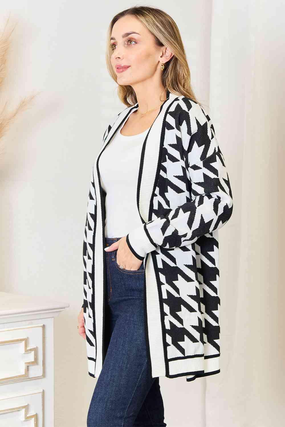 Houndstooth Pattern Longline Open Front Cardigan-MXSTUDIO.COM