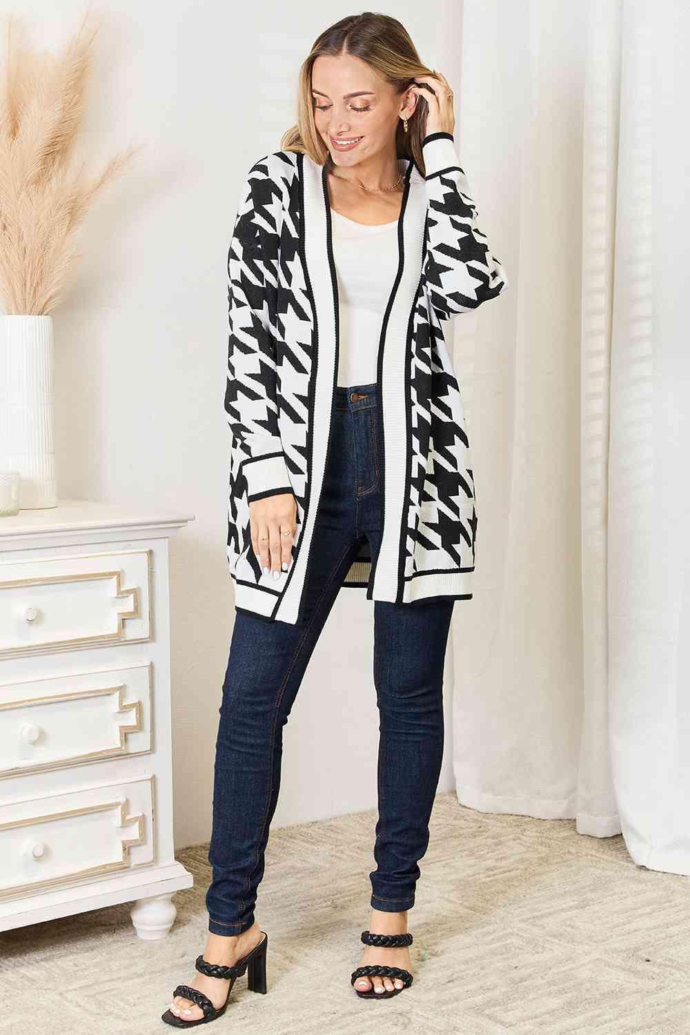 Houndstooth Pattern Longline Open Front Cardigan-MXSTUDIO.COM