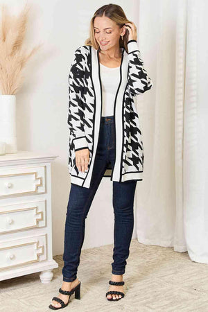 Houndstooth Pattern Longline Open Front Cardigan-MXSTUDIO.COM