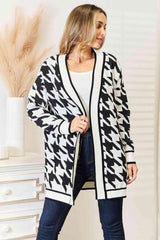 Houndstooth Pattern Longline Open Front Cardigan-MXSTUDIO.COM