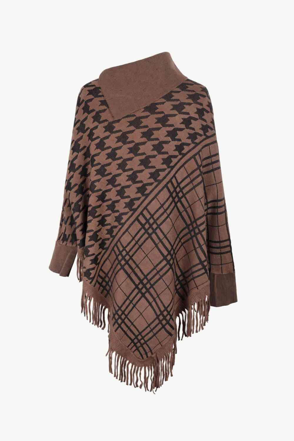 Houndstooth Plaid Fringe Hem Turtleneck Poncho - MXSTUDIO.COM