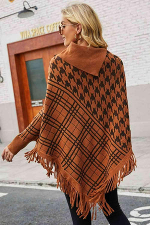 Houndstooth Plaid Fringe Hem Turtleneck Poncho - MXSTUDIO.COM