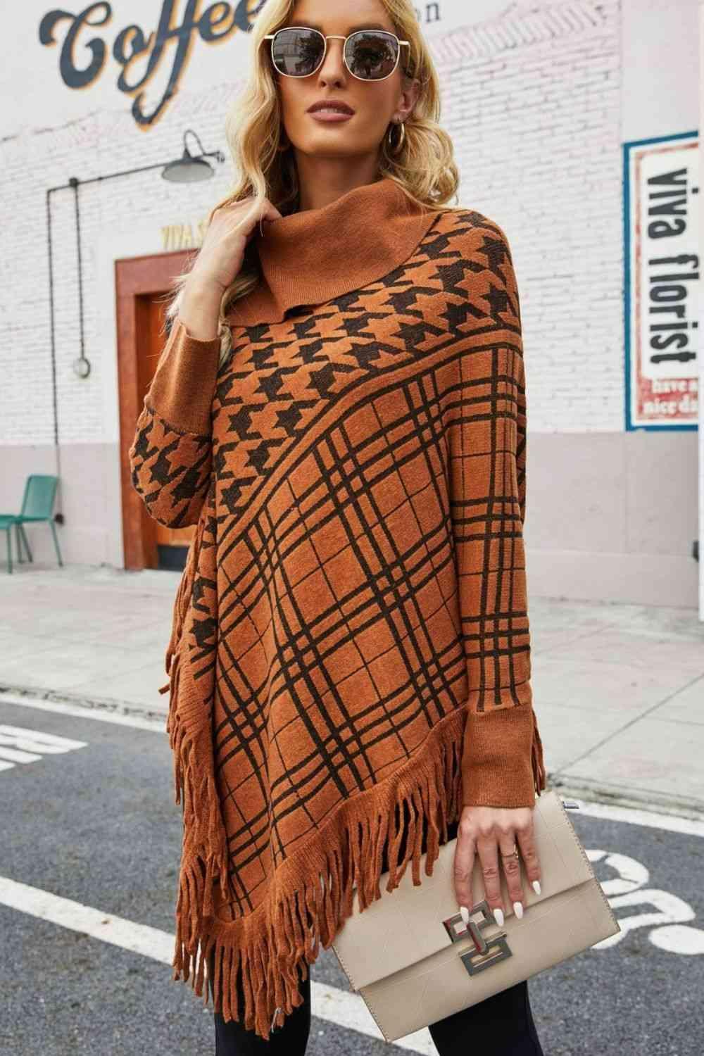 Houndstooth Plaid Fringe Hem Turtleneck Poncho - MXSTUDIO.COM