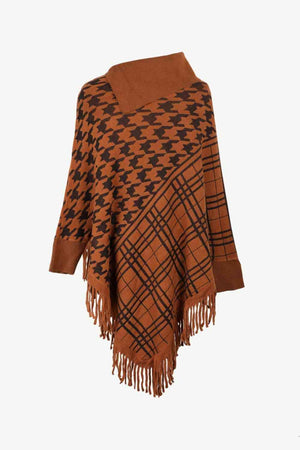 Houndstooth Plaid Fringe Hem Turtleneck Poncho - MXSTUDIO.COM