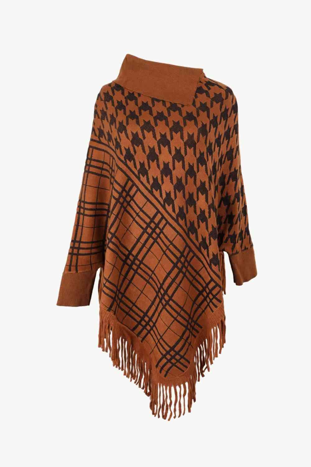 Houndstooth Plaid Fringe Hem Turtleneck Poncho - MXSTUDIO.COM