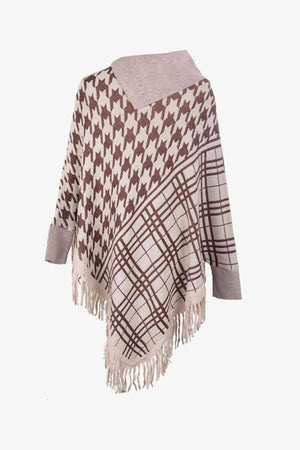 Houndstooth Plaid Fringe Hem Turtleneck Poncho - MXSTUDIO.COM