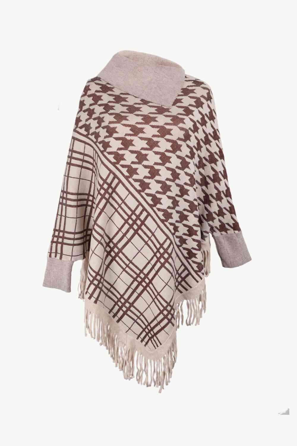 Houndstooth Plaid Fringe Hem Turtleneck Poncho - MXSTUDIO.COM