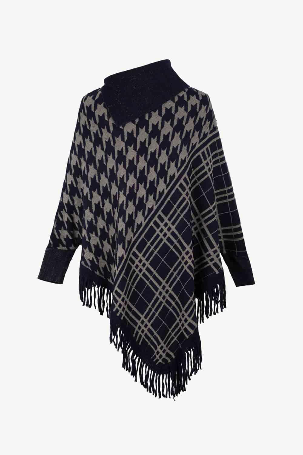 Houndstooth Plaid Fringe Hem Turtleneck Poncho - MXSTUDIO.COM