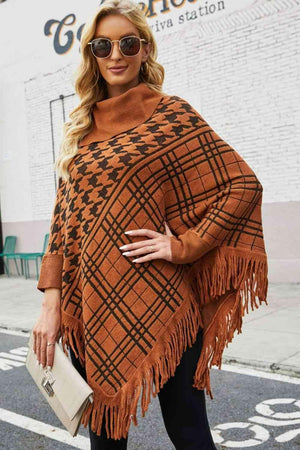 Houndstooth Plaid Fringe Hem Turtleneck Poncho - MXSTUDIO.COM