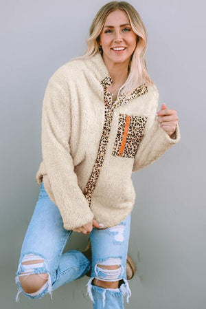 Huggable Leopard Trim Beige Teddy Jacket-MXSTUDIO.COM