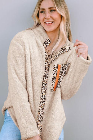 Huggable Leopard Trim Beige Teddy Jacket-MXSTUDIO.COM