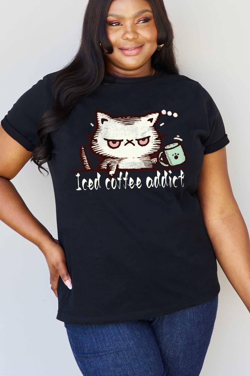 Iced Coffee Addict Plus Size Cat Tee Shirt - MXSTUDIO.COM