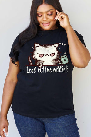 Iced Coffee Addict Plus Size Cat Tee Shirt - MXSTUDIO.COM