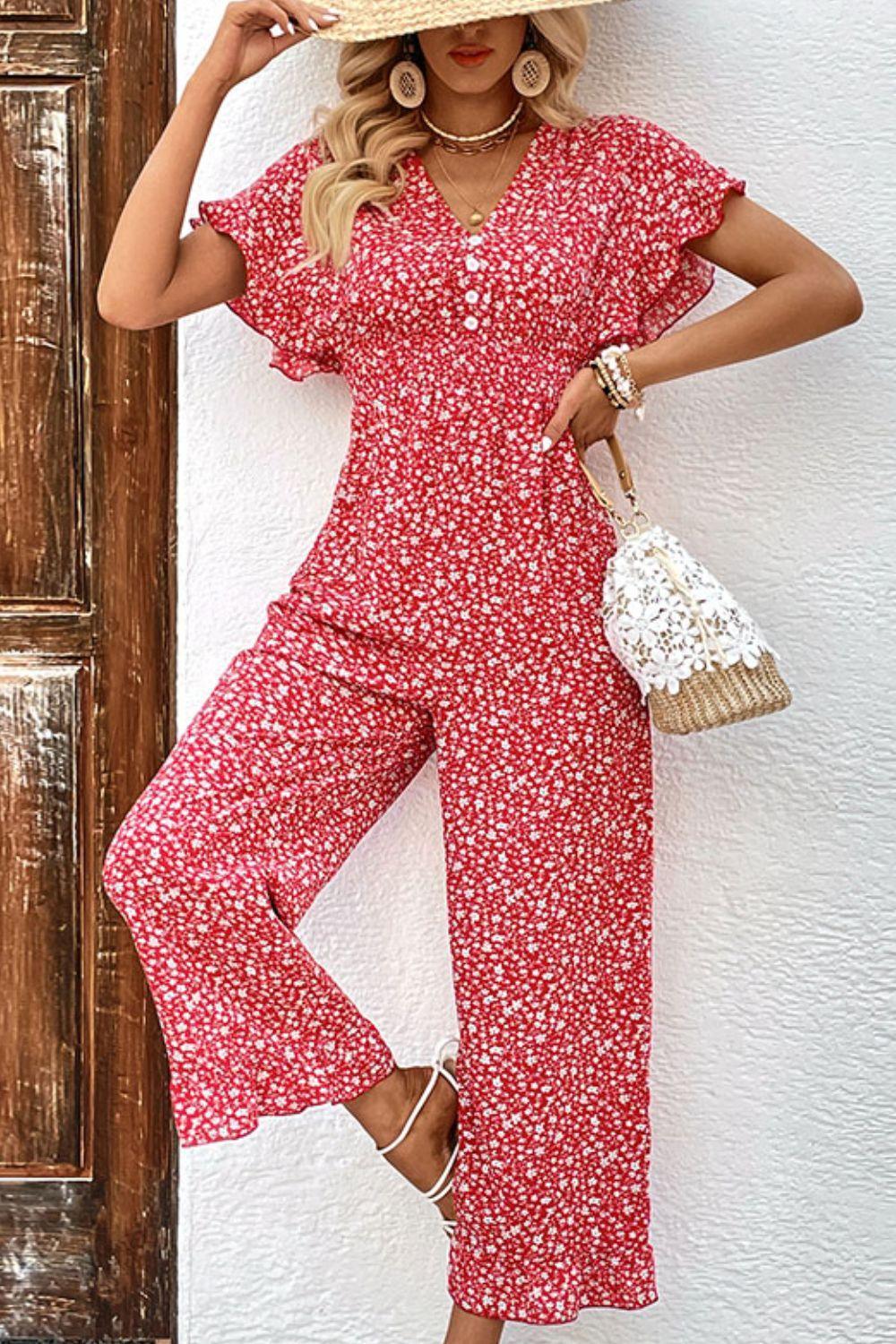 Ideal Summer Flutter Sleeve Floral Jumpsuit - MXSTUDIO.COM