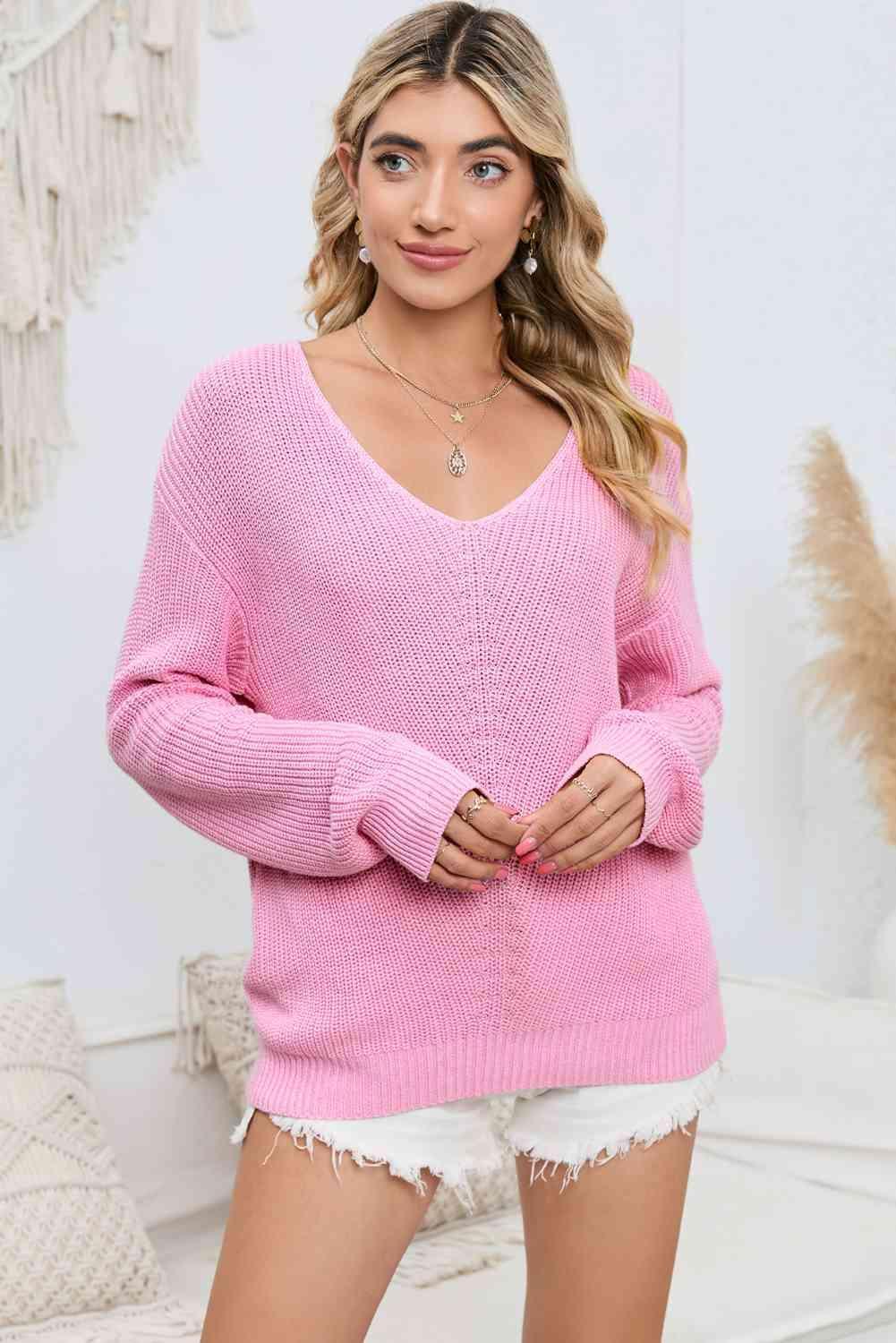 Ideal Warmth Long Sleeve V Neck Knit Sweater - MXSTUDIO.COM