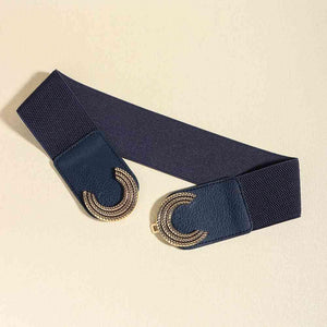 a blue belt with a gold buckle on it