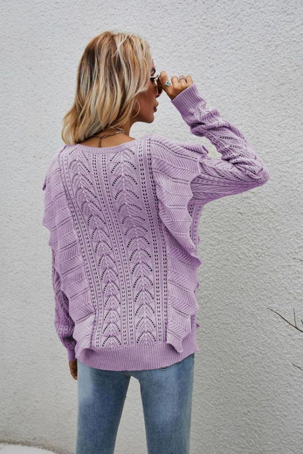 Impressive Openwork Crew Neck Ruffled Sweater - MXSTUDIO.COM