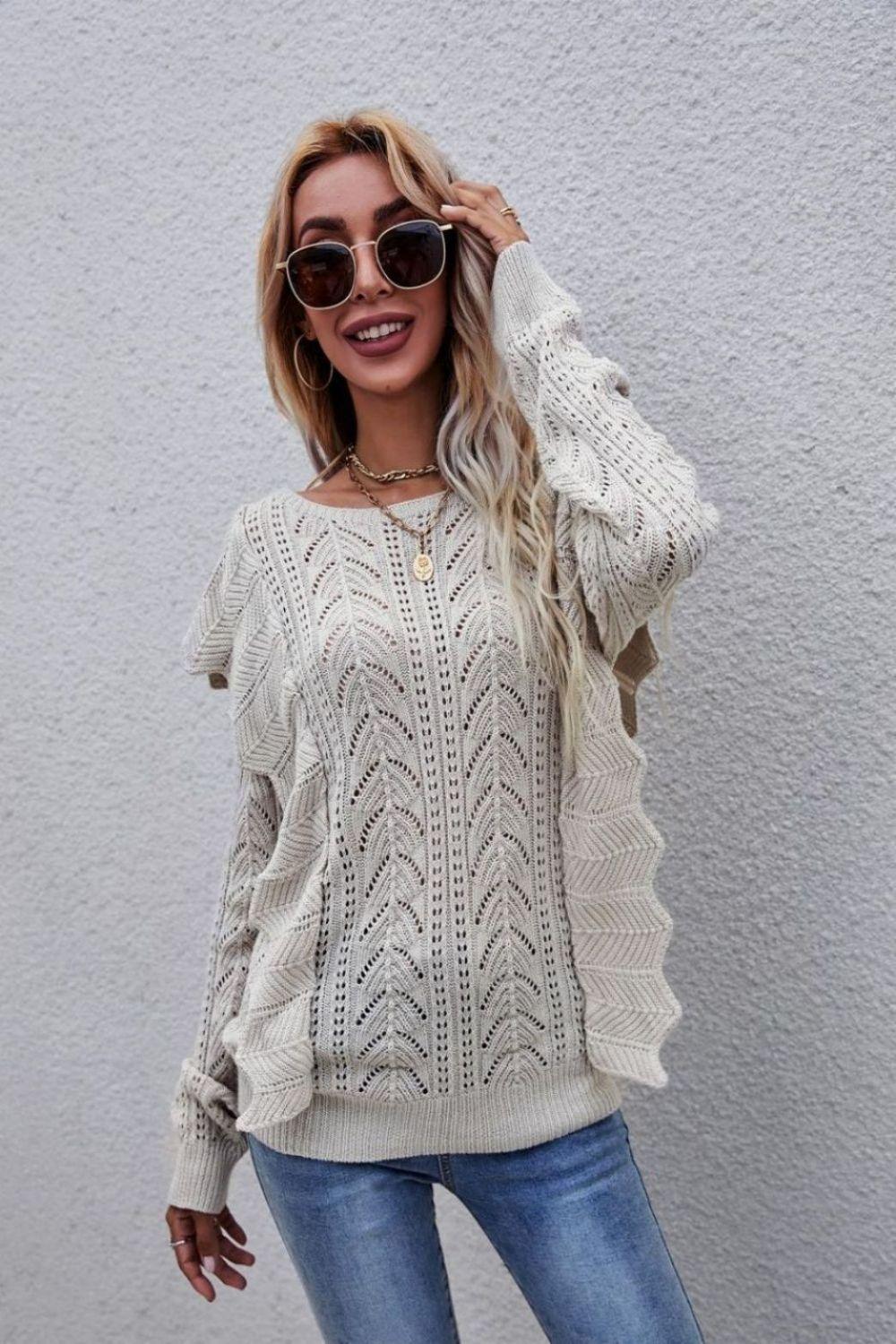 Impressive Openwork Crew Neck Ruffled Sweater - MXSTUDIO.COM