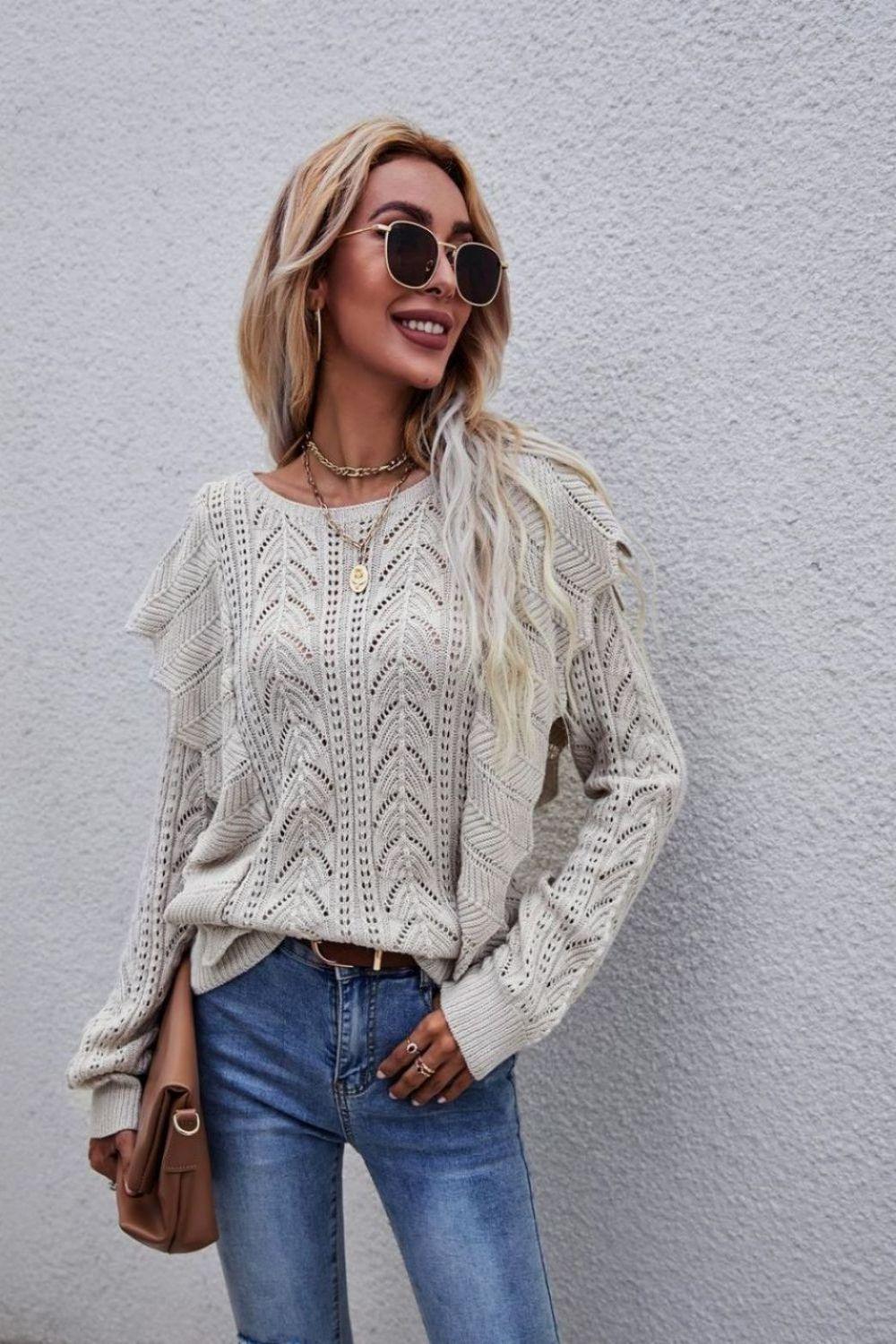 Impressive Openwork Crew Neck Ruffled Sweater - MXSTUDIO.COM