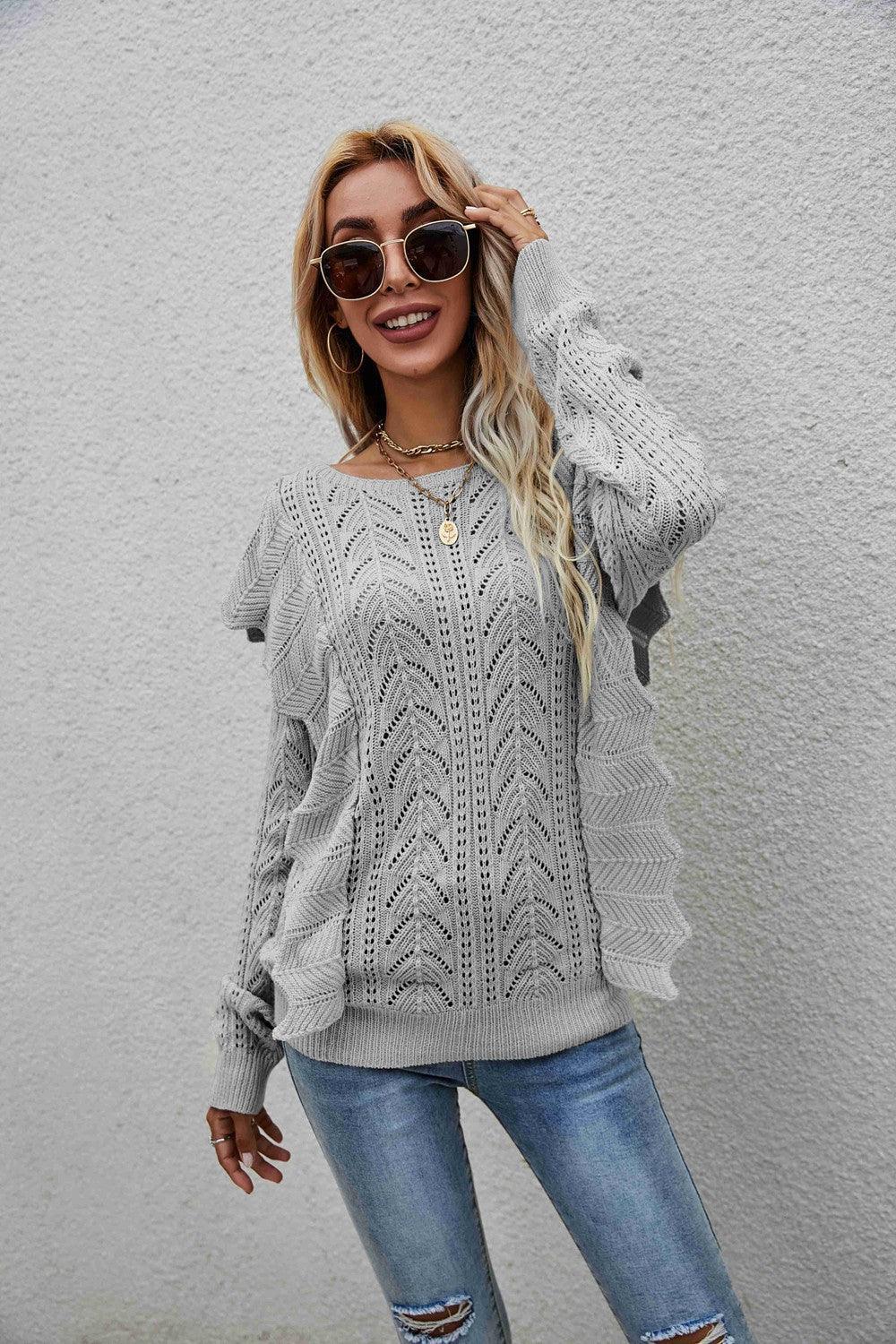 Impressive Openwork Crew Neck Ruffled Sweater - MXSTUDIO.COM