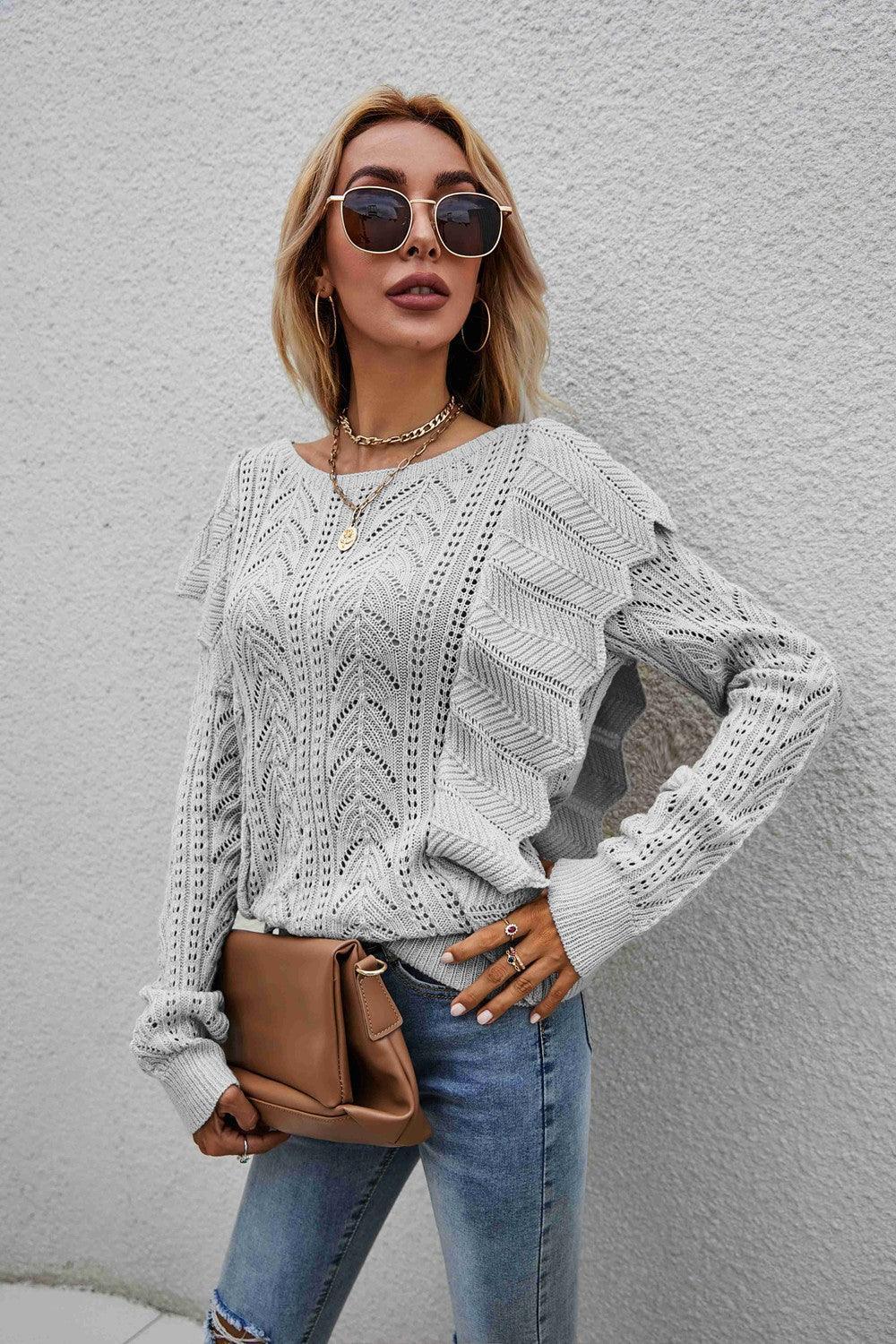 Impressive Openwork Crew Neck Ruffled Sweater - MXSTUDIO.COM