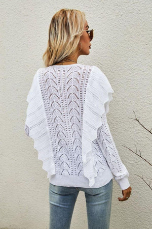 Impressive Openwork Crew Neck Ruffled Sweater - MXSTUDIO.COM