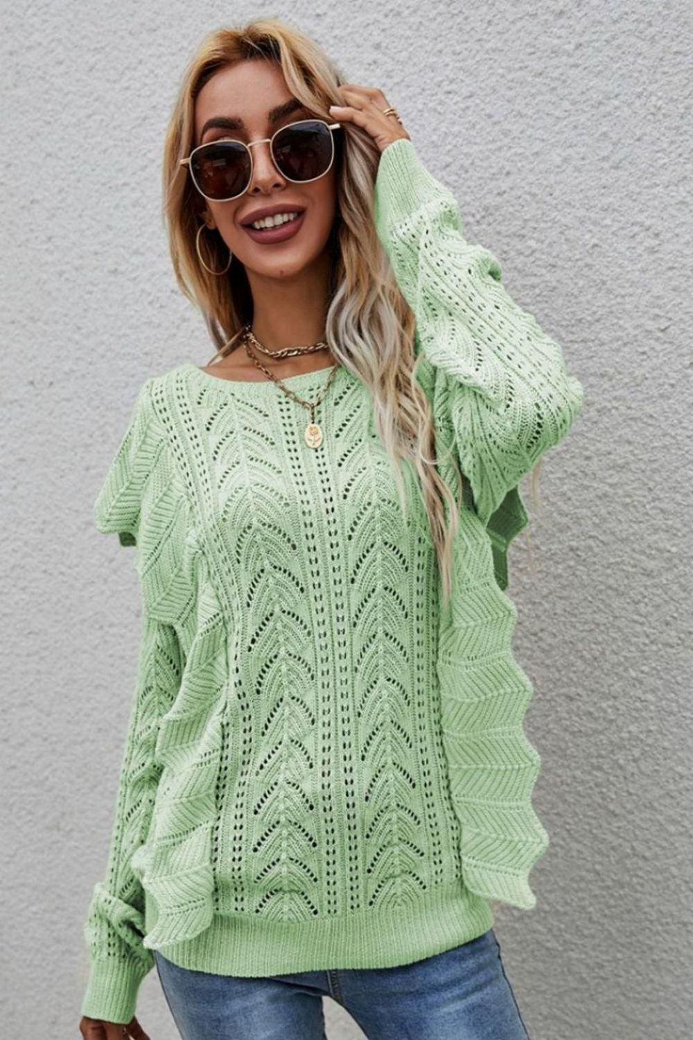 Impressive Openwork Crew Neck Ruffled Sweater - MXSTUDIO.COM